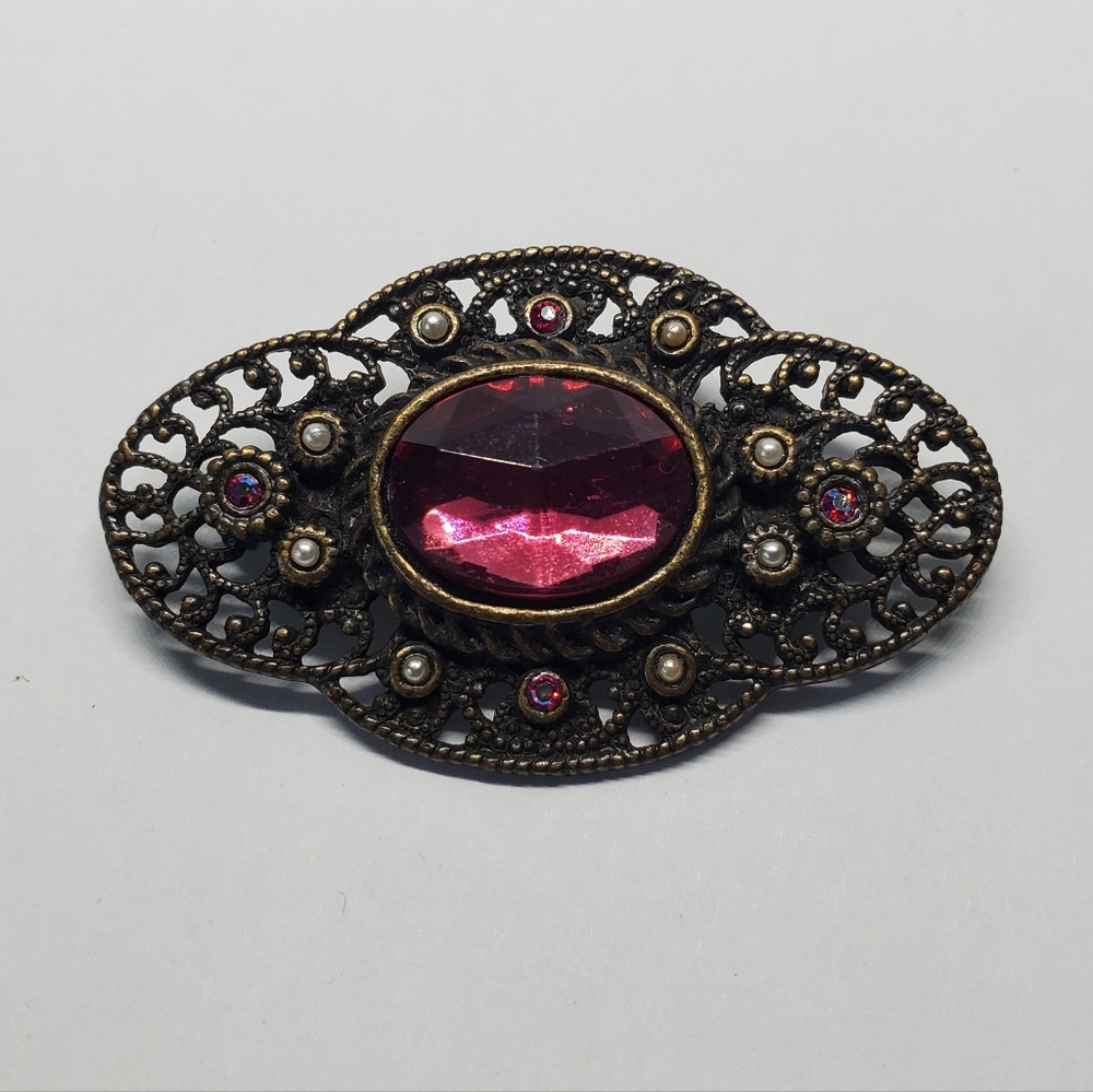 Vintage Bronze Filigree Pink Faceted Acrylic Brooch